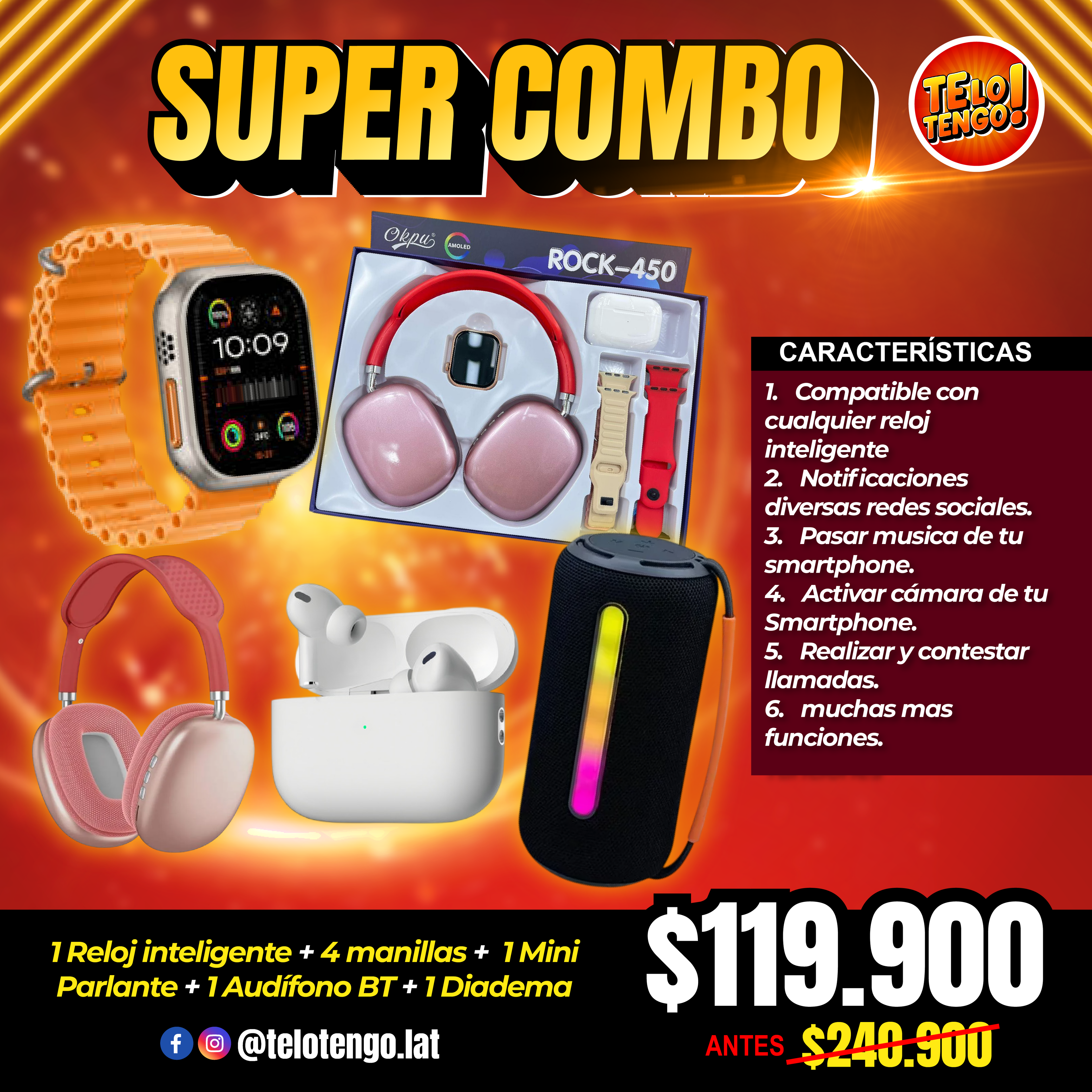 Mega combo 5x1 (reloj Inteligente + 4 manillas + audifonos inalambricos + diadema inalambrica +  parlante de mano)